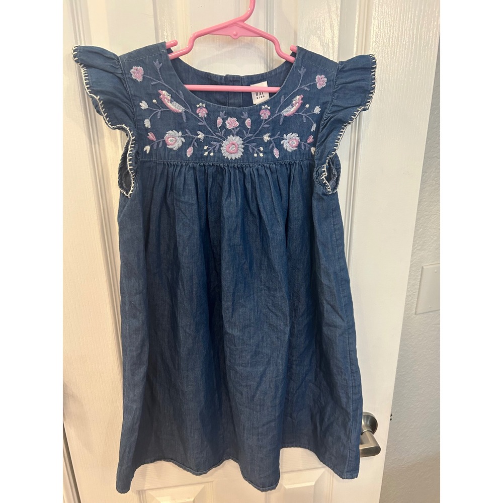 Gap Kids Girls Denim‎ Floral Embroidered Flutter Sleeve Dress Medium 8-9 k7094
